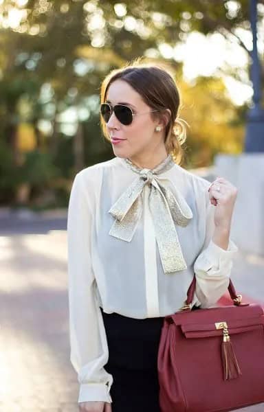 Pale Yellow Semi-Sheer Chiffon Blouse with Gold Bow