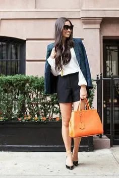 Navy Blazer with Black Flowy Shorts & Leather Handbag