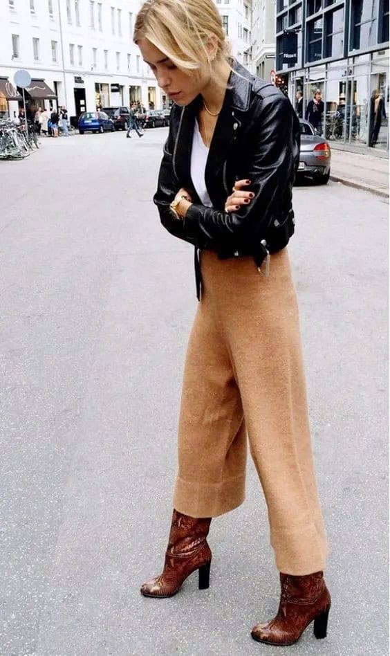 Camel Cropped Wide Leg Pants and Leather Jacket