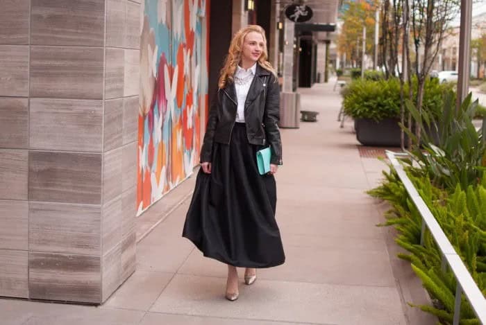 White Collar Shirt with Leather Jacket & Black Maxi Taffeta Skirt