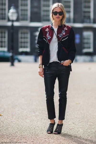 Black Embroidered Bomber Jacket with Leather Pants