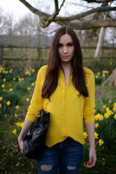 Lemon Button Up Shirt with Ripped Skinny Jeans