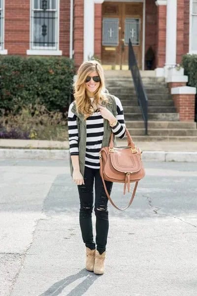 Black and White Striped Long Sleeve Sweater with Ripped Jeans