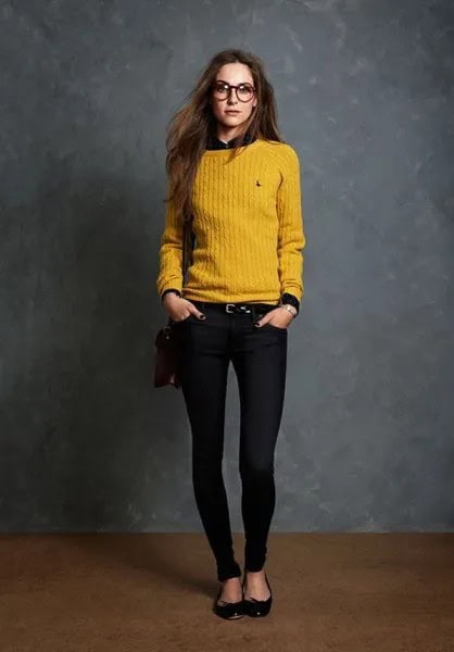 Yellow Ribbed Sweater with Black Shirt & Skinny Jeans