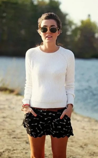 Black Printed Flowy Shorts with White Ribbed Sweater