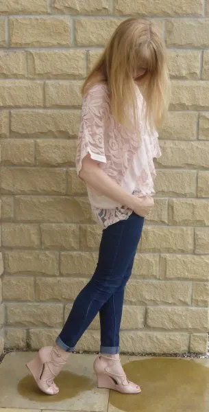 Pale Pink Lace Vest with White Chiffon Blouse