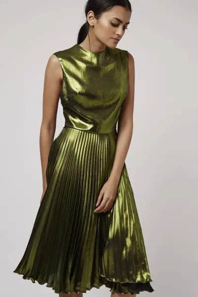 Green Metallic Sleeveless Pleated Dress