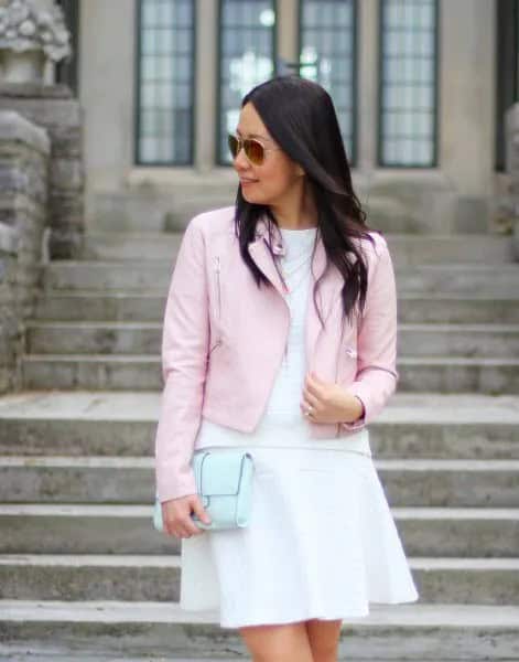 Pink Leather Jacket with White Top & Flare Mini Skirt