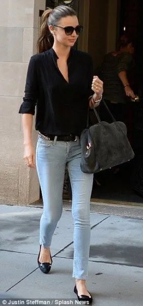 Black Half Sleeve Shirt with Light Blue Skinny Jeans & Flats