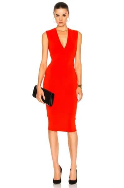 Red V Neck Sleeveless Midi Dress with Black Leather Clutch Bag