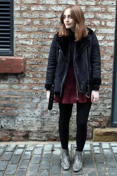 Black Shearling Jacket with Dark Green Suede Mini Dress