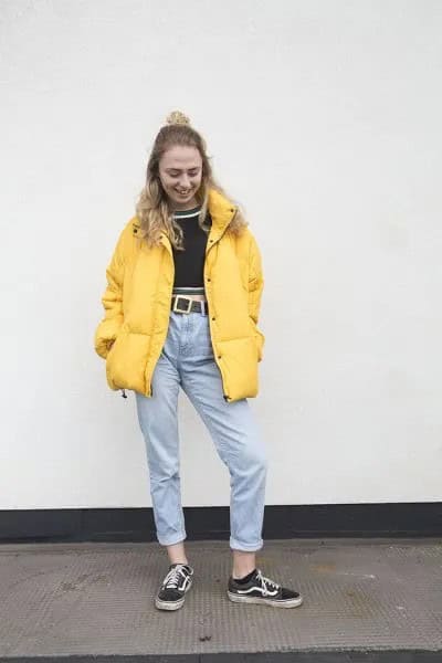 Yellow Puffer Jacket with Black Cropped Sweater & Mom Jeans