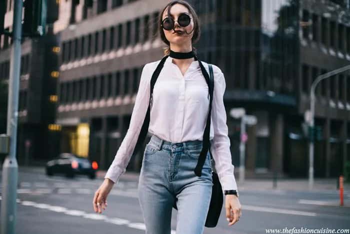 White Slim Fit Shirt with Light Blue Skinny Jeans & Black Narrow Scarf