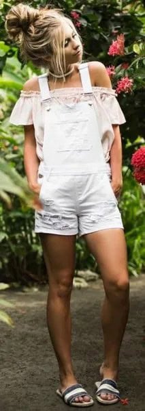 White Off The Shoulder Blouse with Overall Shorts