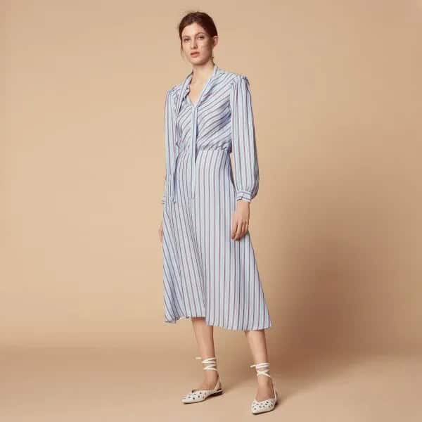 Light Blue and White Striped Long Sleeve Midi Flared Dress