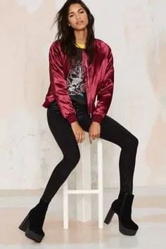 Dark Red Bomber Jacket with Black Print Tee & Skinny Jeans