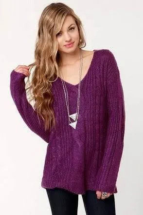 Purple V Neck Cable Knit Sweater with Black Skinny Jeans