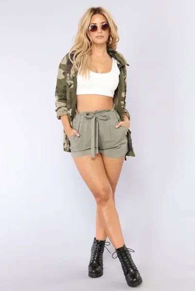 White Cropped Tank Top with Camo Jacket & Mini Shorts