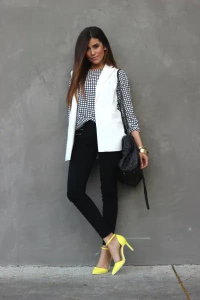 Checkered Shirt with White Vest & Yellow Heels