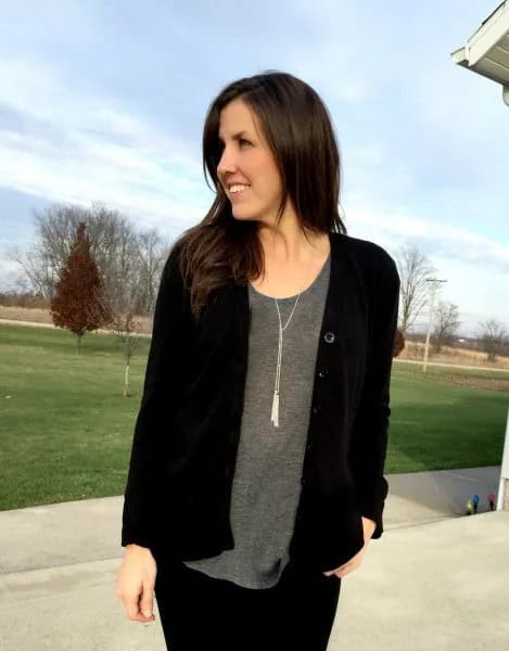 Black Cardigan with Grey Scoop Neck Tee & Boho Style Necklace