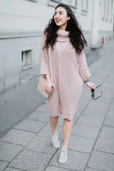 Pink Turtleneck Chunky Knee Length Knitted Dress