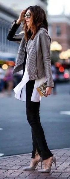 Grey Leather Jacket with White Chiffon Blouse