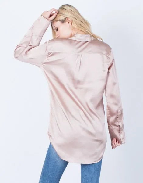 Rose Gold Oversized Button Up Silk Shirt with Blue Jeans