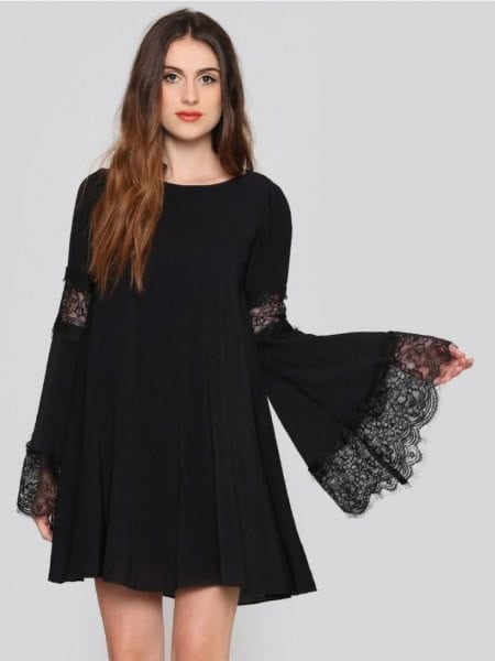 Bell Sleeve Swing Dress with Lace Details