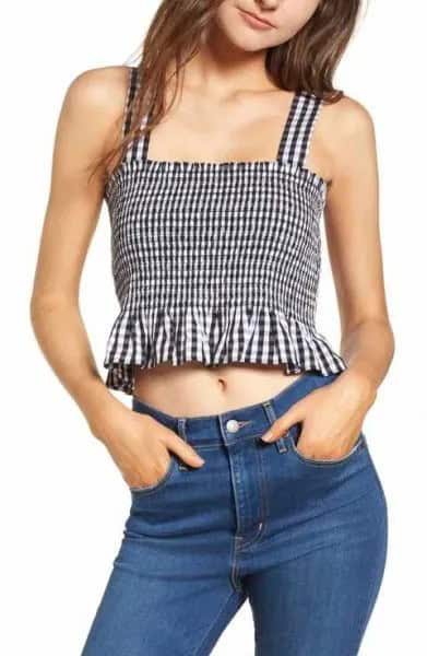 Black Square Neck Checkered Ruffle Top with Blue Jeans