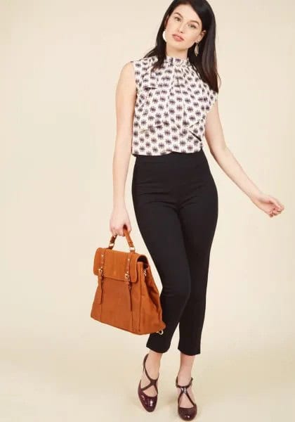 Black and White Printed Sleeveless Blouse with Ponte Pants