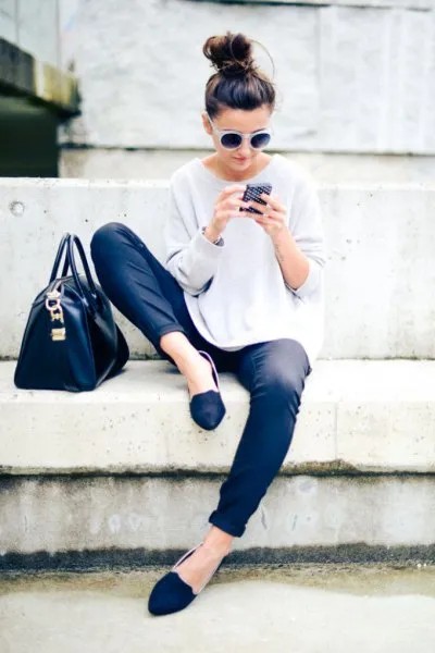 White Relaxed Fit Sweater with Coated Jeans & Royal Blue Loafers