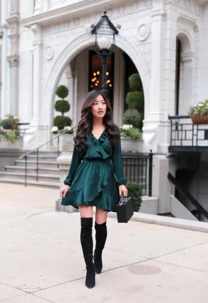 Black Ruffle V Neck Blouse with Mini Matching Skater Skirt & Flat Over The Knee Boots