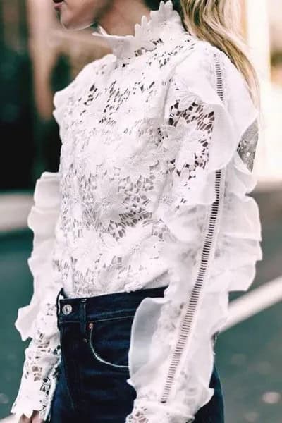 White Lace Ruffle Blouse with Dark Blue Skinny Jeans