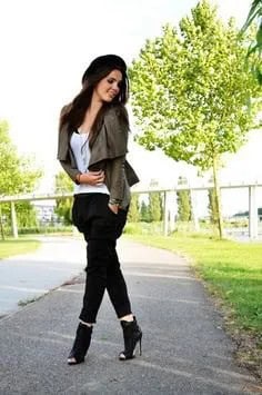 Green Blazer with White Tank Top with Black Heeled Peep Toe Ankle Boots