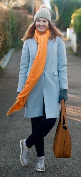 Grey Long Wool Coat with Long Scarf & Knit Hat