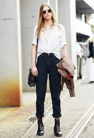 White Button Up Shirt with Black Cuffed Jeans & Leather Ankle Boots