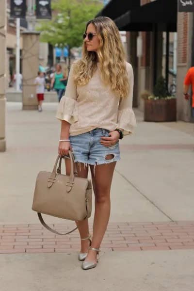 Bell Sleeve Pale Pink Blouse with Light Blue Mini Ripped Denim Shorts