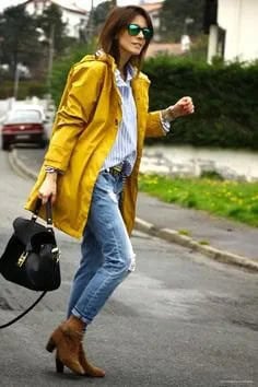 Yellow Oversized Rain Jacket with Boyfriend Shirt & Ripped Jeans