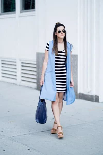 Light Blue Longline Vest with Black and White Striped Mini Dress