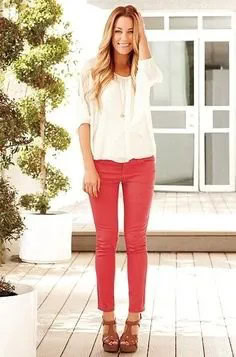 White Chiffon Blouse with Red Skinny Jeans & Brown Sandals