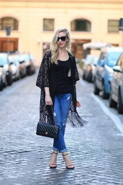 Black Rose Printed Fringe Kimono with Blue Mom Jeans