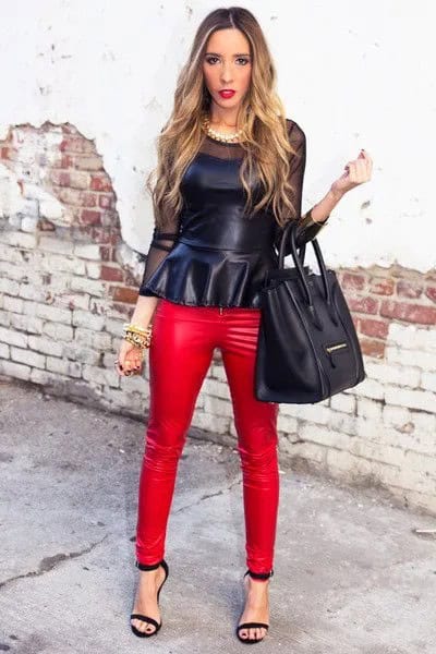 Black Leather Peplum Top with Matching Red Pants