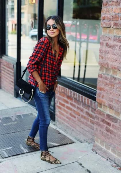 Red and Black Plaid Boyfriend Shirt & Skinny Jeans