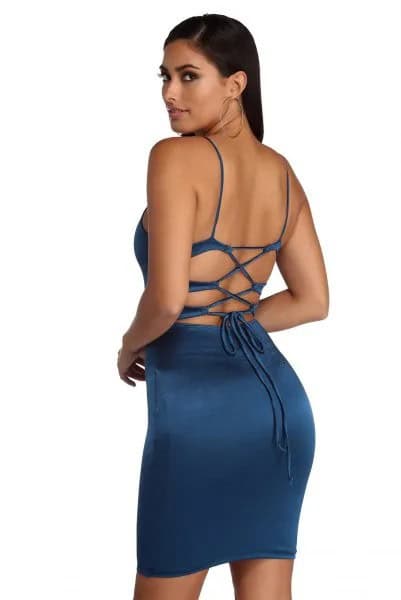 Open Back Bodycon Navy Blue Short Dress with Heels