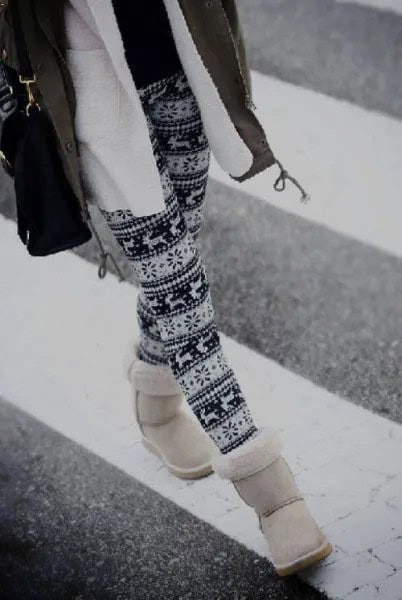 Tribal Printed Leggings & Fleece Jacket & White Snow Boots