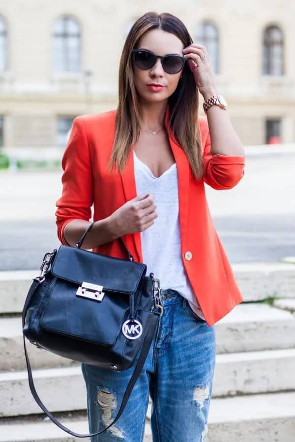 Orange Blazer with White Deep V Neck T Shirt & Ripped Jeans