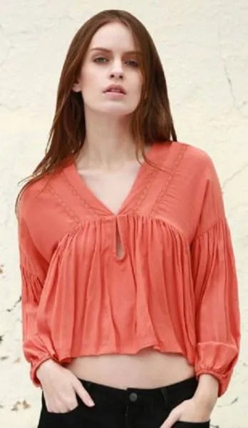 Orange Cropped Puff Sleeve V Neck Blouse