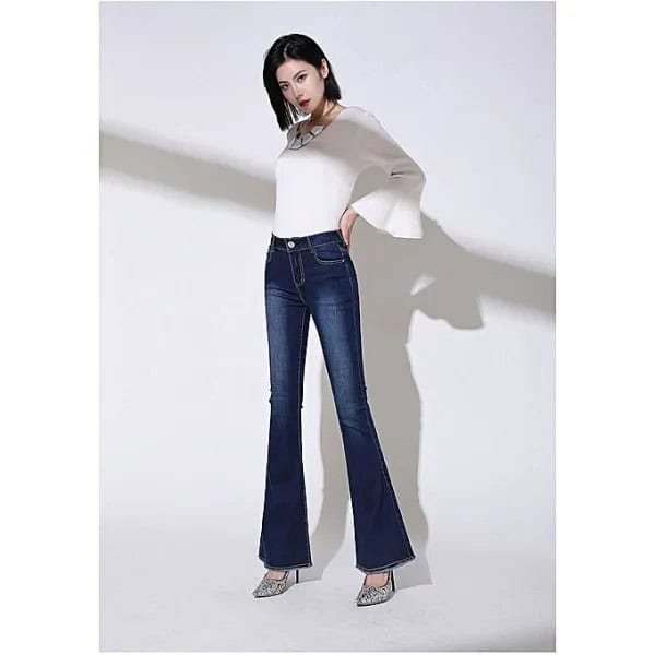 White Bell Sleeve Top with Dark Blue High Rise Bell Bottom Jeans