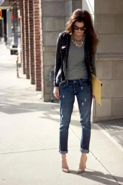 Short Leather Jacket with Grey Scoop Neck Tee & Cuffed Jeans