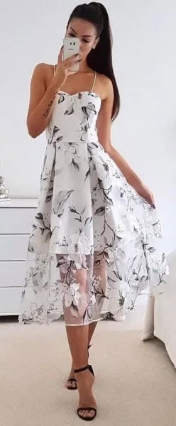 Spaghetti Strap Floral Flare Dress with Sheer Overlay